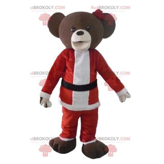 Mascotte de nounours marron en tenue de PèreNoël Costume Redbrokoly