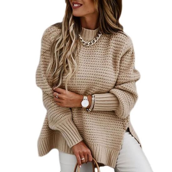 Femme Pull Grosse Maille Automne Hiver Chaud Chandail Col Rond Élégant Pull Épais Ourlet Fendu Côté Haut Hiver Tricoté Ample,Abricot