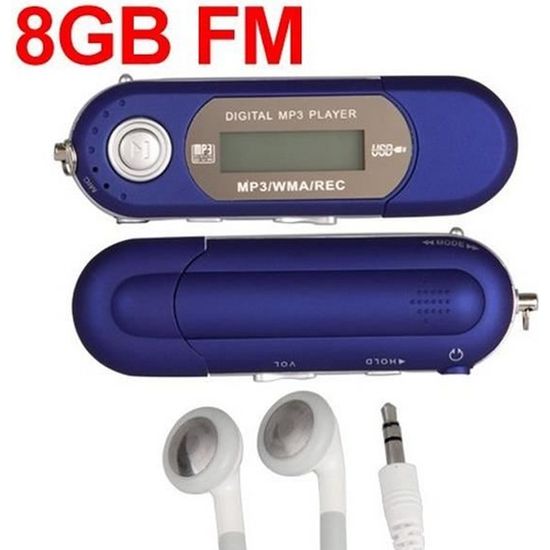 8GB LCD Mini Baladeur Lecteur MP3 Radio FM USB Lecteur flash avec écouteurs 3.5mm-Bleu