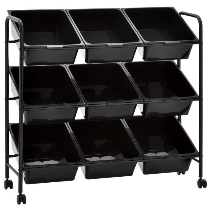Chariot de rangement pour jouets à 9 tiroirs - Meuble de rangement à roulettes - Desserte Billot Noir Plastique