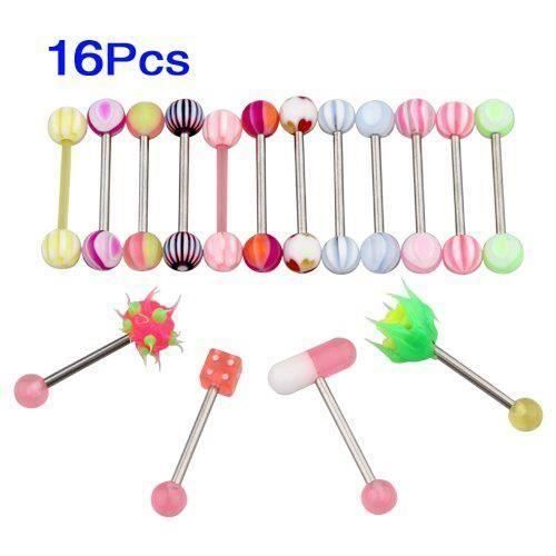 LOT 16 PIERCING DE LANGUE EN DE MULTICOLORES BARBELL XU7368