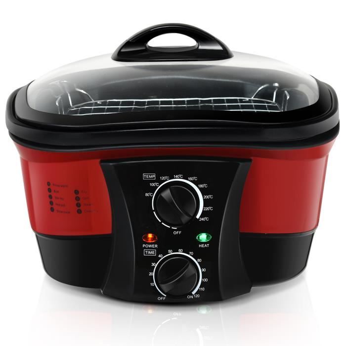 8 en 1 Mijoteuse Electrique Poêle Cuiseur Pot Multifonctionnelle Antiadhésive Minuterie Numérique avec Couvercle en Verre Rouge