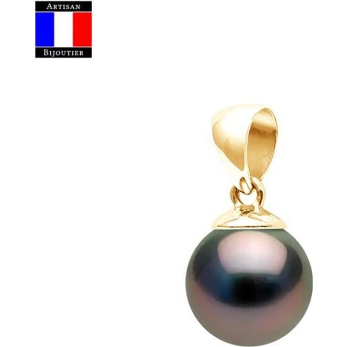 Compagnie Générale des Perles - Pendentif - Véritable Perle de Tahiti Ovale Ronde 9-10 mm - Or Jaune 18 Cts - Bijou Femme