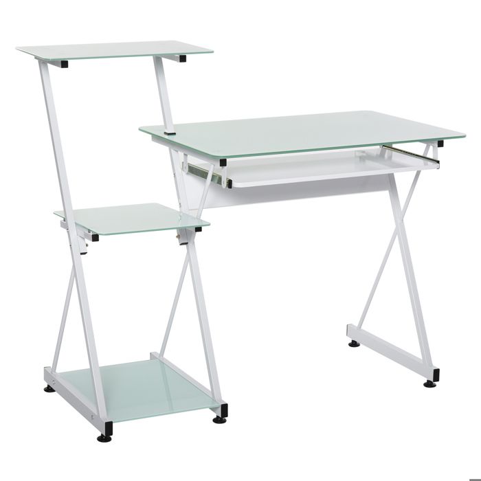 Bureau informatique design contemporain plateau + 3 étagères verre plateau clavier châssis métal blanc 116x54x100cm Blanc