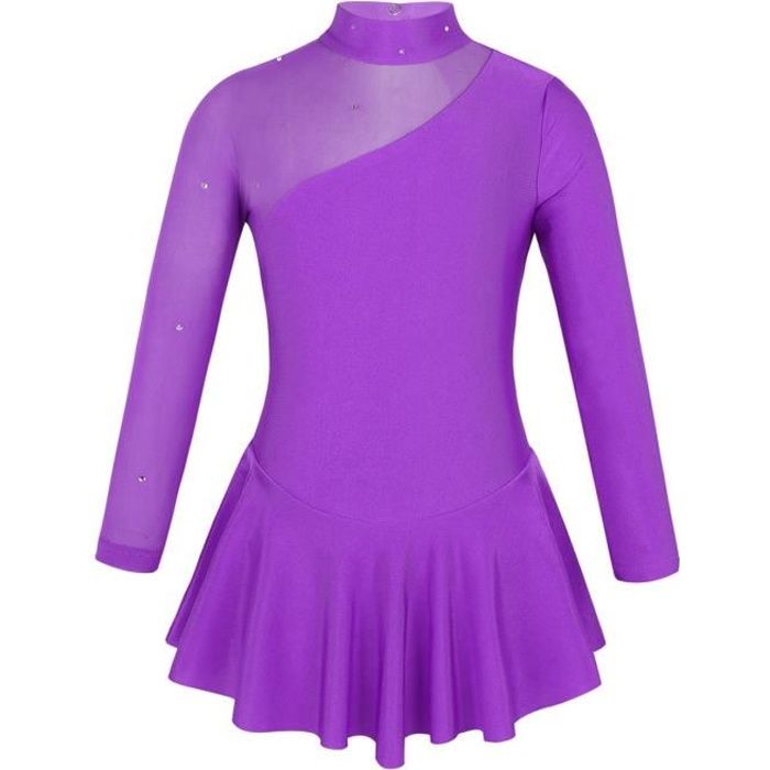 inlzdz Enfant Fille Justaucorps Gymnastique Strass Manches Longues Leotard Ballet Dancewear 4-14 Ans Violet
