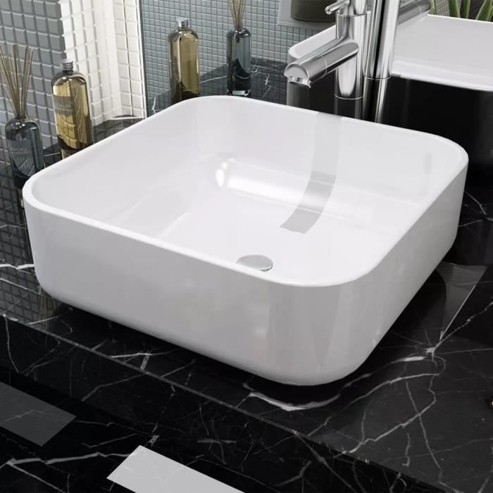 Lavabo carré Céramique Blanc 38x38x13,5 cm Vasque à Poser Vasque à trou Lavabo pour robinet salle de bain