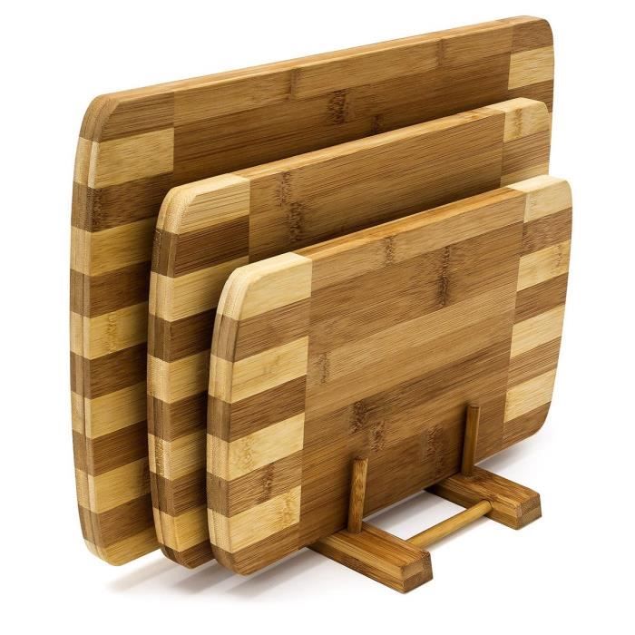 Relaxdays 10018877 Planches à découper Set de 3 pièces avec Support en Bois de Bambou Naturel écologique rayé Design Moderne et P