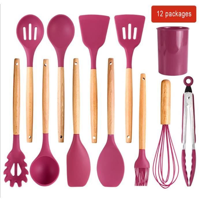 12pcs Set d'ustensiles de cuisine en silicone Spatule antiadhésive avec Boîte de rangement Coffret -Rouge