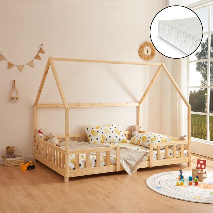 Lit denfant Forme Maison Sisimiut avec Matelas à Mousse à Froid 200 x 120 cm Naturel