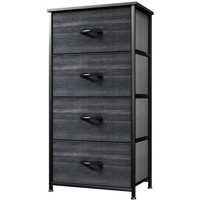 YITAHOME Commode - 4 Tiroirs En Tissu Commode Chambre Meuble De Rangement Cadre En Metal Chambre Salon Gris Noir