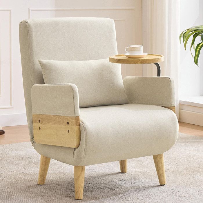 Fauteuil convertible 3 en 1 avec fonction couchage plateau en bois fauteuil rembourré - SWEIKO - Beige Fauteuil convertible 3 en 1 avec fonction couchage plateau en bois fauteuil rembourré - SWEIKO - Beige