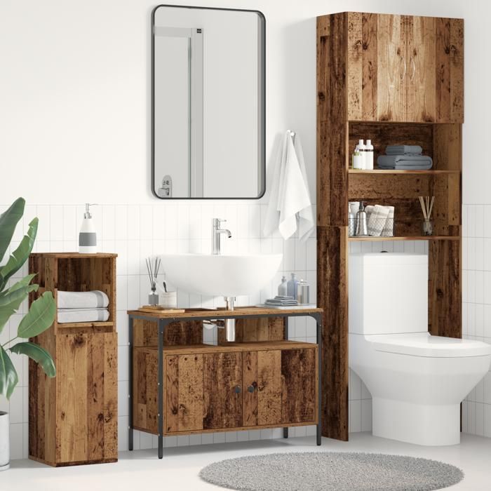 Moderne Meuble sous lavabo Armoire dévier - Bois ancien 80x30x60 cm en bois reconstitué @FR(840928)