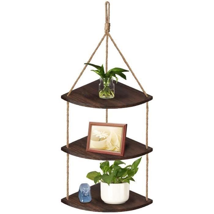Étagère dangle suspendue - Étagère en bois à trois niveaux - avec support de suspension en corde de jute - Fixation murale