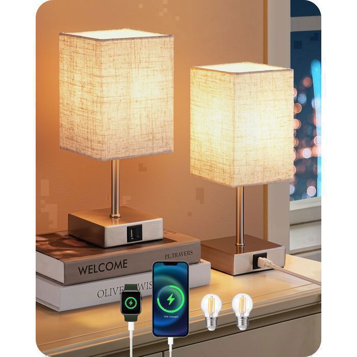 EDISHINE Lampe à Poser Tactile Lot de 2 USB A+C Ampoule LED E27 Incluse Abat-jour Beige