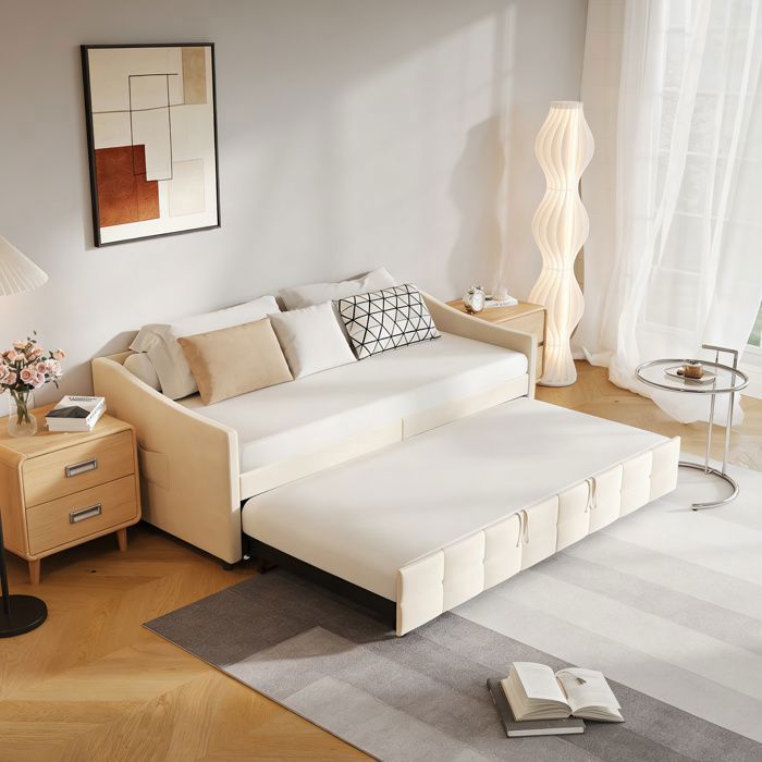 Lit gigogne 90x200 - canapé-lit 2 places velours beige structure bois & métal style contemporain
