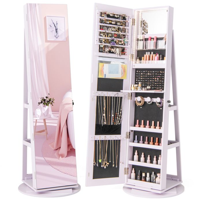 GOPLUS Armoire à Bijoux avec Miroir Pleine Longueur Rotative 360° Avec Lumière Led 3 Couleurs-Miroir de Maquillage Intérieur Violet