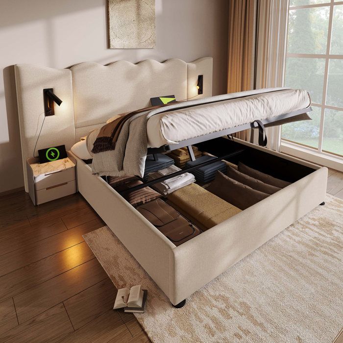 Lit Double 160x200 cm avec Lampe de Lecture Rotative Chargement USB et Type C Lit Coffre Rangement Hydraulique Beige en lin