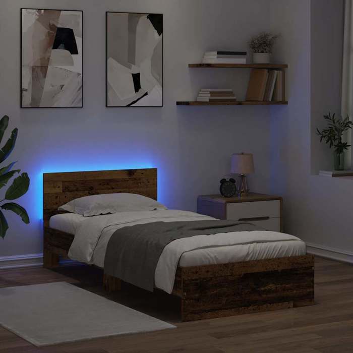 Cadre de lit en bois dingénierie - UU - 90x200 cm - Bois ancien - Lumières LED intégrées - 203x95x70 cm