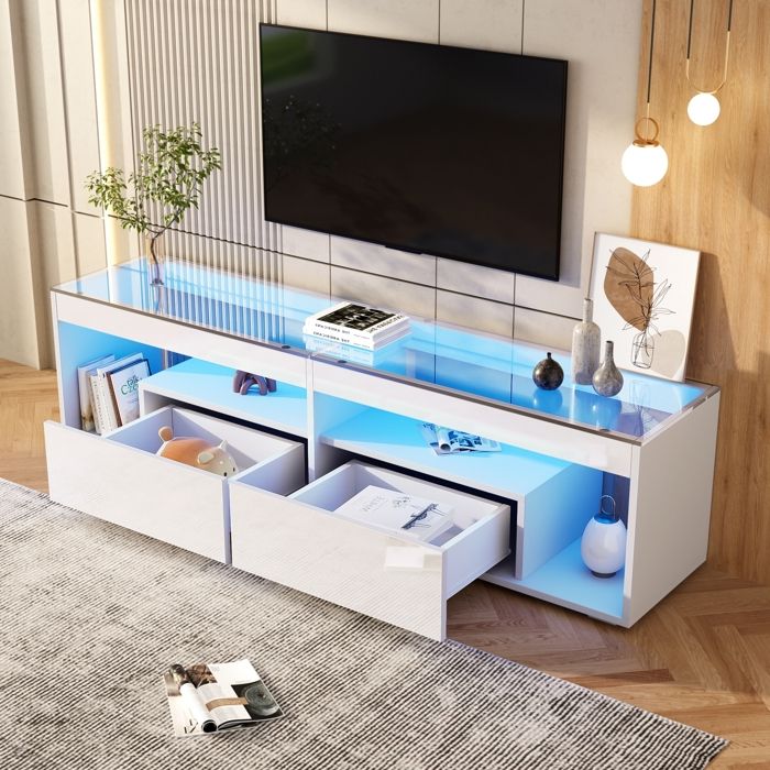 Meuble TV LED Haute Brillance 2 Tiroirs et Compartiments Ouverts Convient aux Téléviseurs Jusquà 70 Pouces 180x40x46cm Blanc