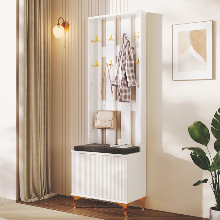 MODENUIT Meuble dentree 60.5x35.2x180.5 cm avec banc à chaussures portes push to open étagères réglables blanc
