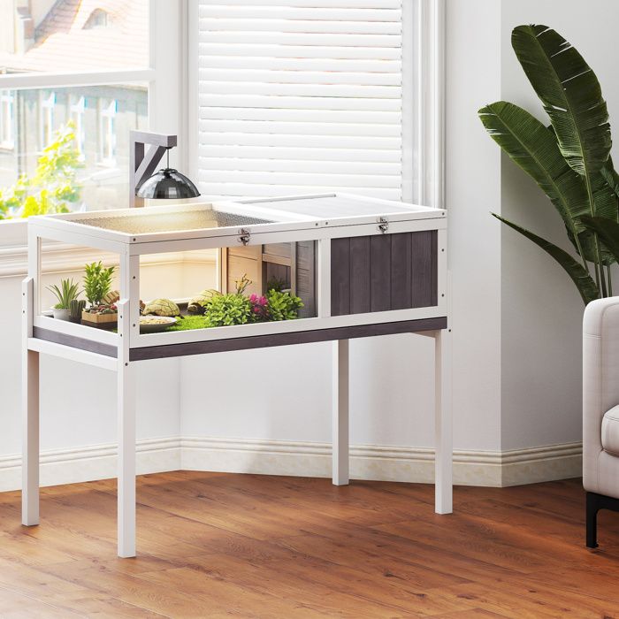 Comparer les prix de Maison pour tortues enclos 2 espaces et support de lampe toit ouvrable plateau coulissant 104 x 53 x 82 cm gris