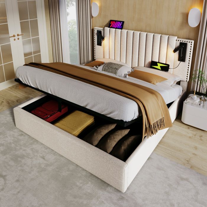 MODENUIT Lit coffre 180x200 cm avec sommier relevable tête de lit rembourré lampe lecture tissu coton beige (Sans matelas)