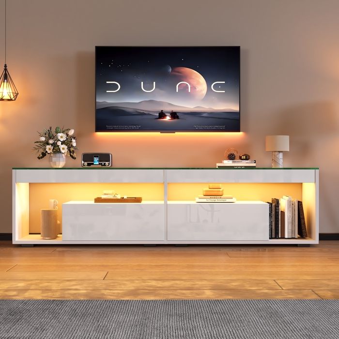 Meuble TV blanc moderne avec LED 180 x 40 x 46 cm Meuble tv bas brillant avec 2 tiroirs de rangement et étagères en verre trempé