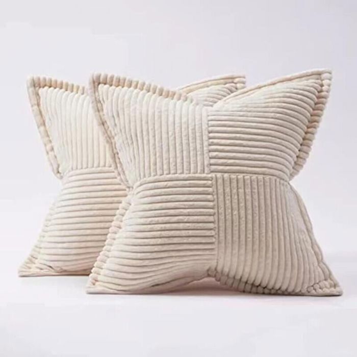 Housse Coussin Canapé 40x40 Taie Oreiller Lot de 2 en Velours Côtelé Beige à Motif Croisé Decoration Chambre Salon
