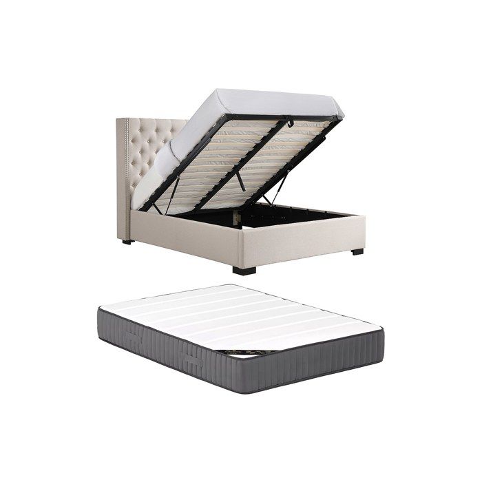 Lit coffre 160 x 200 cm avec tête de lit capitonnée - Tissu - Beige + Matelas - MASSIMO II Lit coffre 160 x 200 cm avec tête de lit capitonnée - Tissu - Beige + Matelas - MASSIMO II