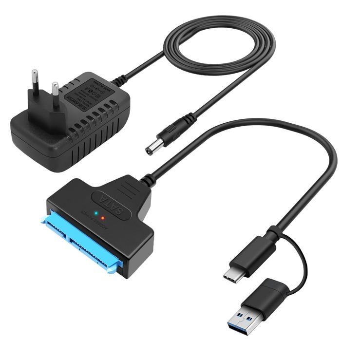 Adaptateur SATA Vers USB 3.0 5 Gbps + Alim 12V/2A - Pour SSD/HDD 2.5" & 3.5" - Transfert Rapide Windows/Mac/Linux