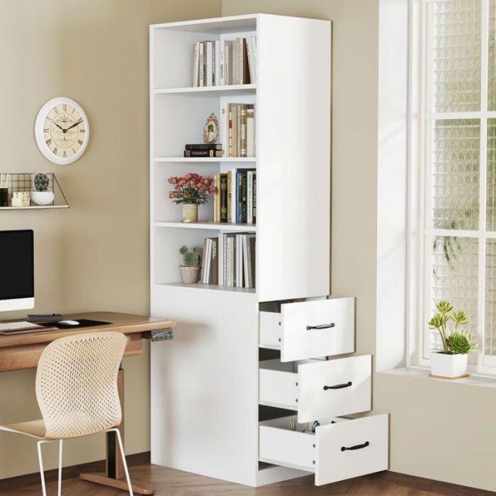 Vitrine étroite 180 cm avec tiroirs latéraux blanc étagères ajustables meuble de rangement vertical pour salon et b BIBLIOTHEQUE