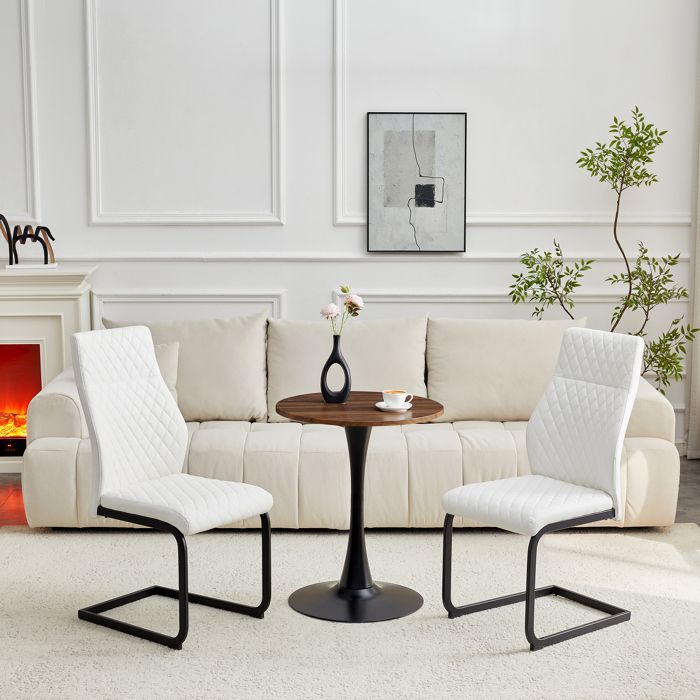 Ensemble table et chaises - Table ronde 60 cm - 2 chaises blanches - Motif losange - MDF et métal - Cuir PU