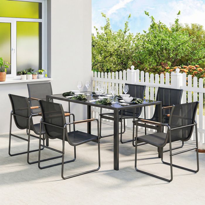 Ensemble de Salle à Manger dExtérieur 7 Pièces pour 6 Personnes Table en Verre et Chaises avec Accoudoirs Décoratifs Noir
