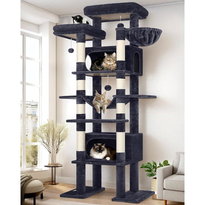 Comparer les prix de Arbre à chat géant - LEVYS - Hauteur 213 cm - 2 niches 50x30x30 cm - 2 plateformes rembourrées - Gris foncé