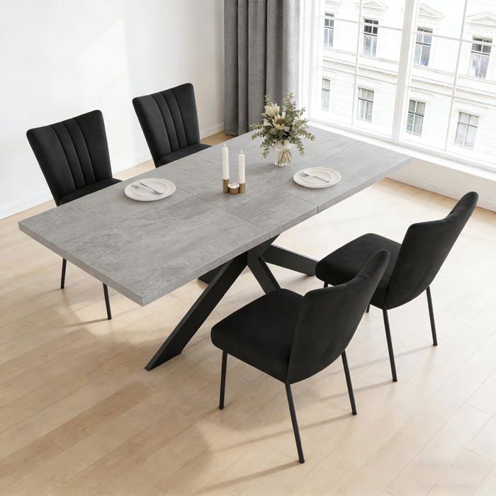 JIEXI Ensemble table de salle à manger extensible avec 4 chaises plateau en MDF gris base en métal en forme de X