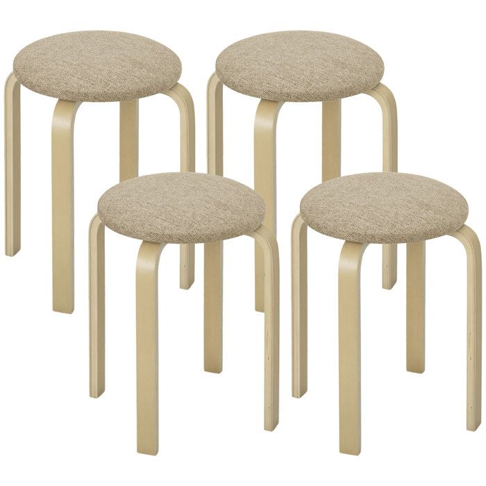 Ensemble de 4 tabourets empilables - HOMCOM - ronds sans dossier assise rembourrée - bois - 40 x 40 x 45 cm - kaki