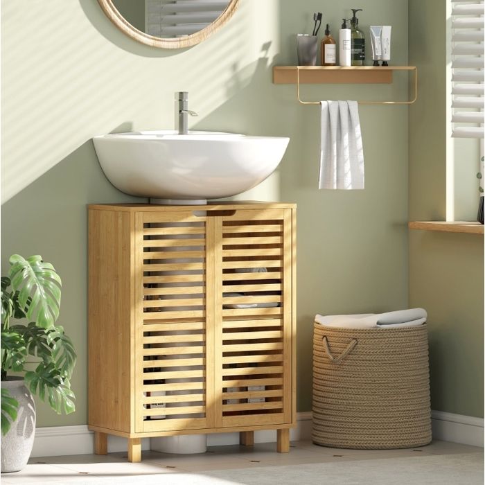 Meuble sous vasque EVRYAE 60 x 30 x 80 cm en bambou naturel avec 2 portes a lattes et etagere reglable