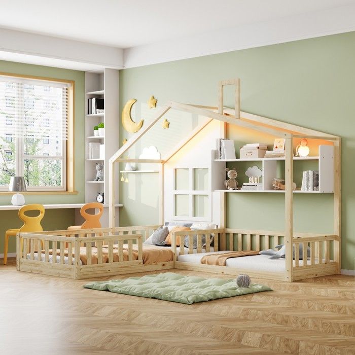 Lit enfant - Maison 90x200 - Bois massif & MDF - LED intégrée - Sommier à lattes
