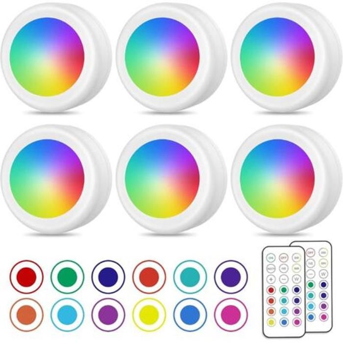 Spot LED Sans Fil Multicolore Lampe Placard Télécommandée Batterie Sous Meuble Cuisine Lot de 6
