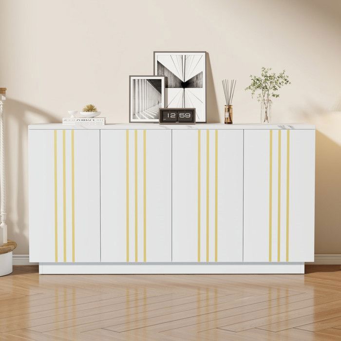Buffet de salon meuble de rangement 4 portes 35x140x70cm. Design ligne plaqué or meuble dentrée avec cloisons réglables blanc+or
