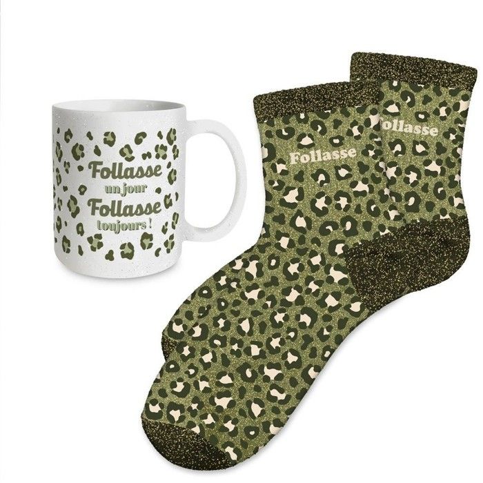COFFRET MUG CHAUSSETTES PAILLETTES FOLLASSE ANIMAL Vert Anis Menthe Eau