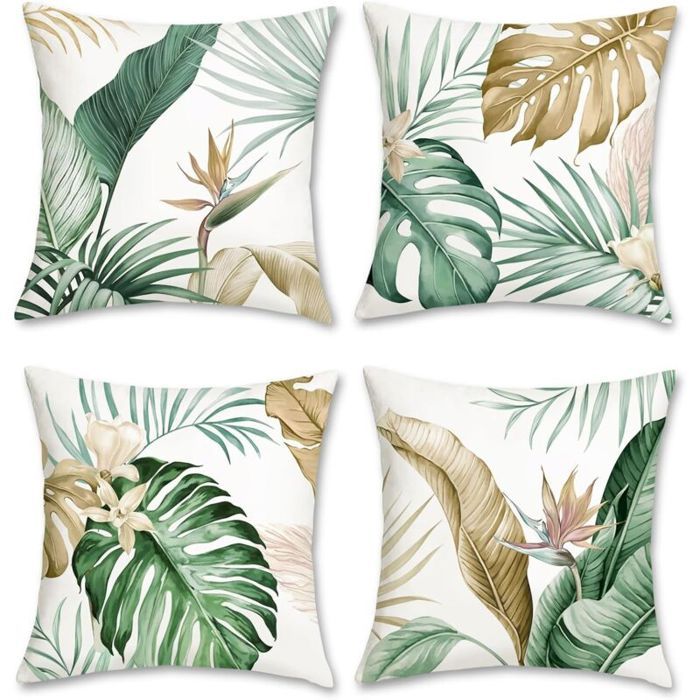 Housse Coussin 45x45 cm Feuilles Tropicales Velours Doux – Lot de 4 pour Canapé & Déco Maison