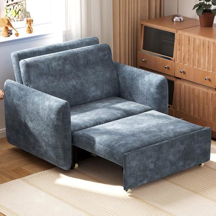 Fauteuil convertible 3 en 1 en velours bleu-gris canapé lit une place extensible avec assise coulissante