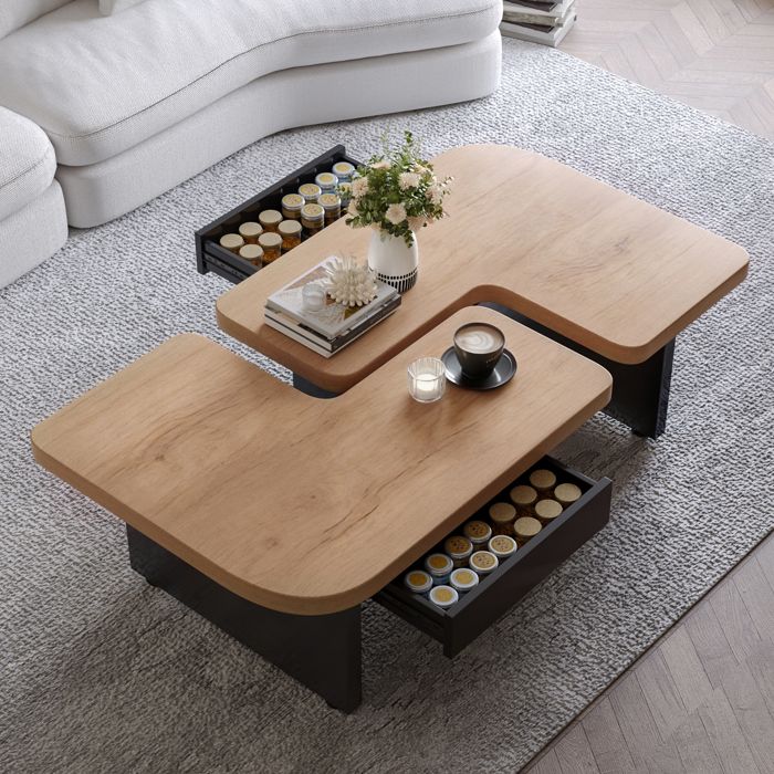 Table basse modulable LED 90x60x445 cm - 2 tables combinables et 2 tiroirs - MDF effet Bois naturel et Noir