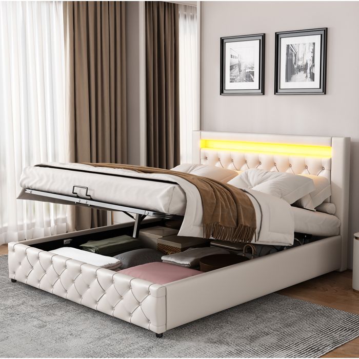 MEULVA lit coffre rembourré 140 x 200 cm avec sommier à lattes LED intégrée rangement sous lit PU blanc
