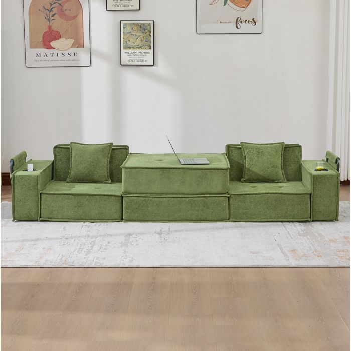 MEUBLIV Canapé 2 places modulable en chenille verte avec rangements latéraux porte-gobelets et coussins