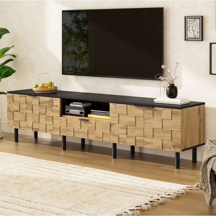 Meuble TV banc 170 cm 2 portes 1 tiroir niche ouverte passe-câbles aspect bois naturel pieds métal ORVRYN