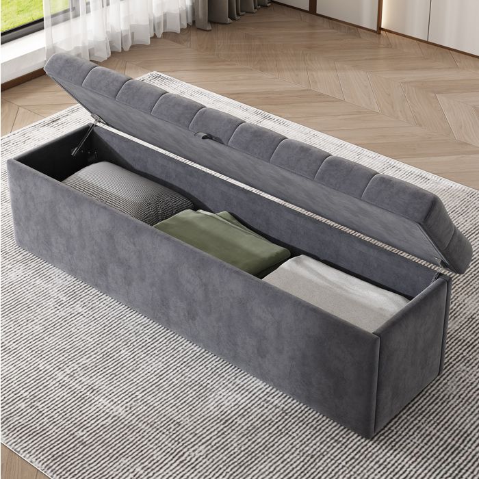Banc coffre bout de lit en velours gris 138 x 41 x 42 cm avec rangement