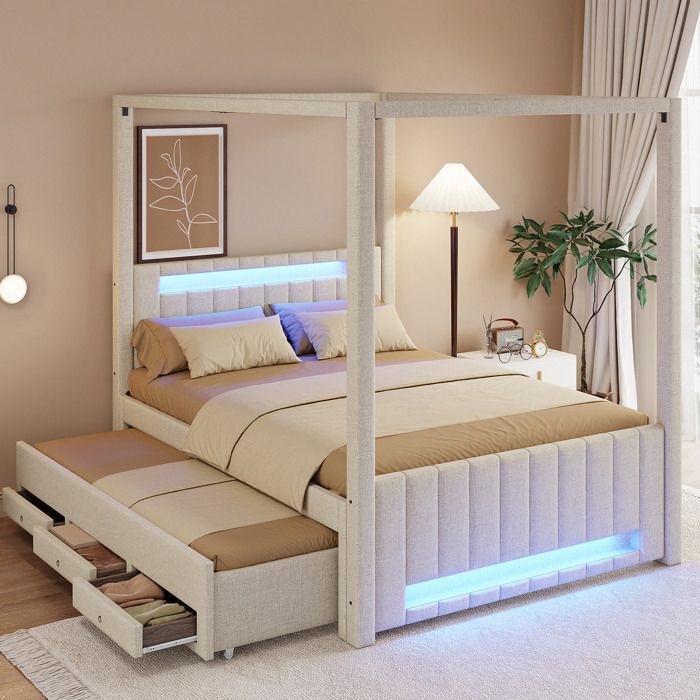 Lit a baldaquin rembourre 140 x 200 cm avec lit gigogne 3 tiroirs et LED beige