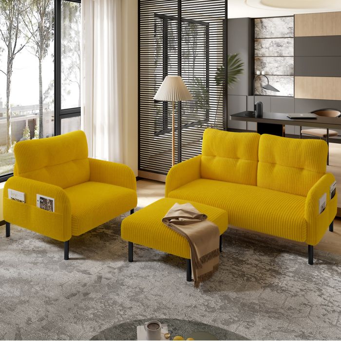 Canapé 2 Places Jaune En Velours Côtelé Banquette Design FloraGrace Pour Salon Ou Bureau Avec Poche Latérale 120x75x79cm
